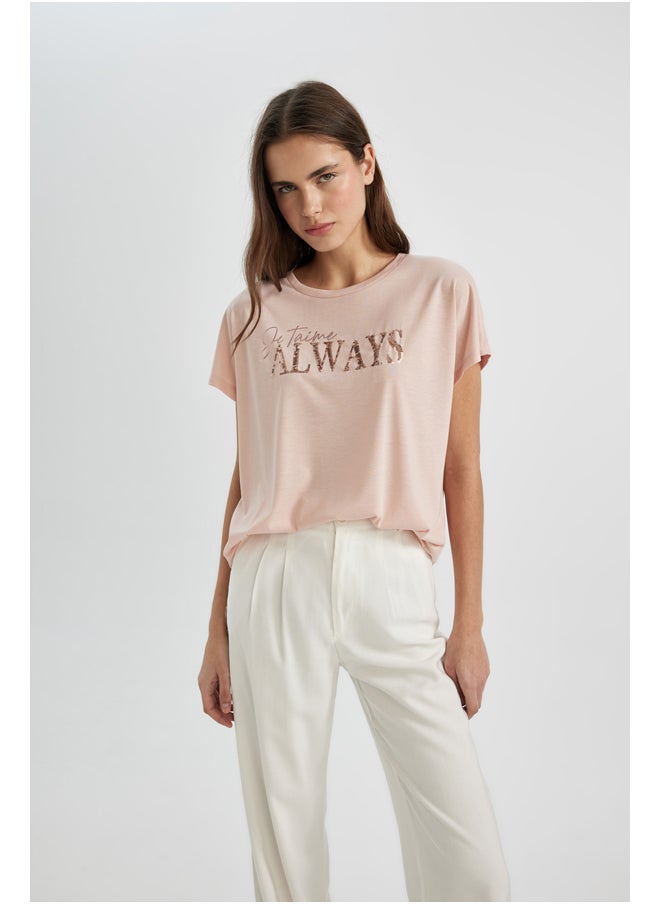 DeFacto - Woman Batwing Crew Neck Knitted Short Sleeve T-Shirt - Image 1
