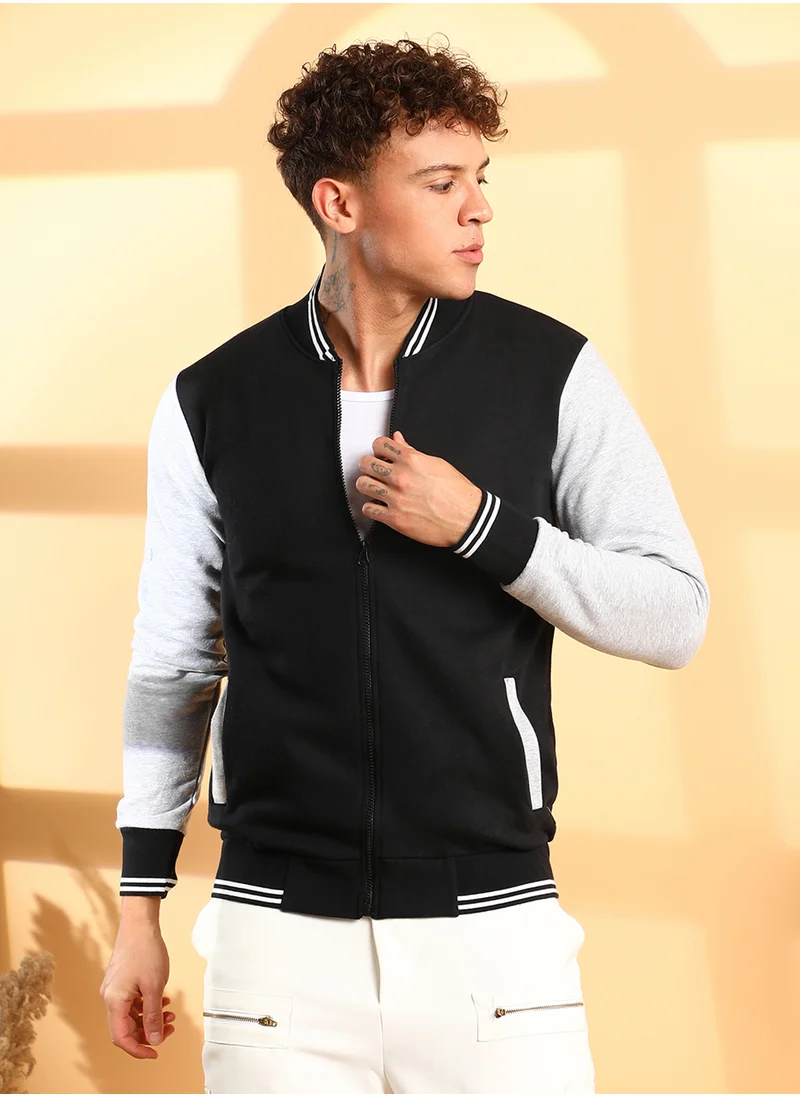 كامبوس سوترا Men's Black & Grey Zip-Front Jacket With Open-Angled Pocket