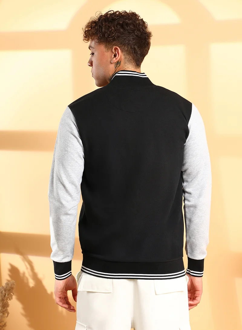 Campus Sutra Men's Black & Grey Zip-Front Jacket With Open-Angled Pocket