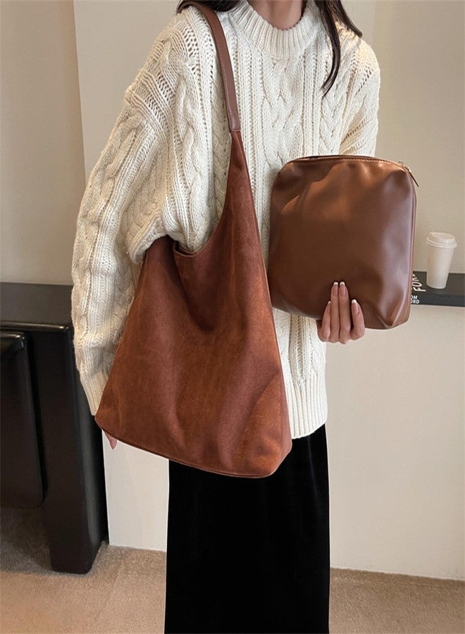 Lramkuy Brown Suede Bag, Brown Suede Tote Bag, Suede Hobo Bag, Suede Bag, Suede Handbags for Women, Suede Shoulder Bag for Work (Brown) - Image 2