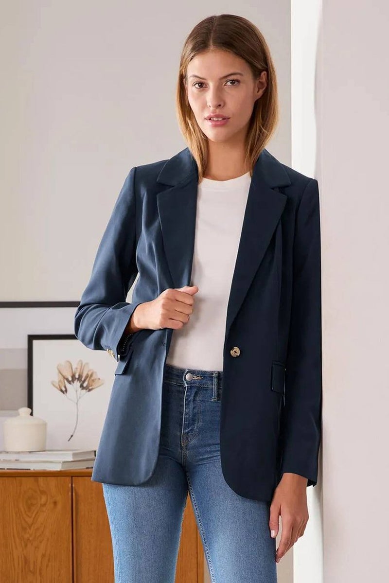 Tchibo Women Comfort Fit Plain Formal Web Blazer, Navy - Image 1