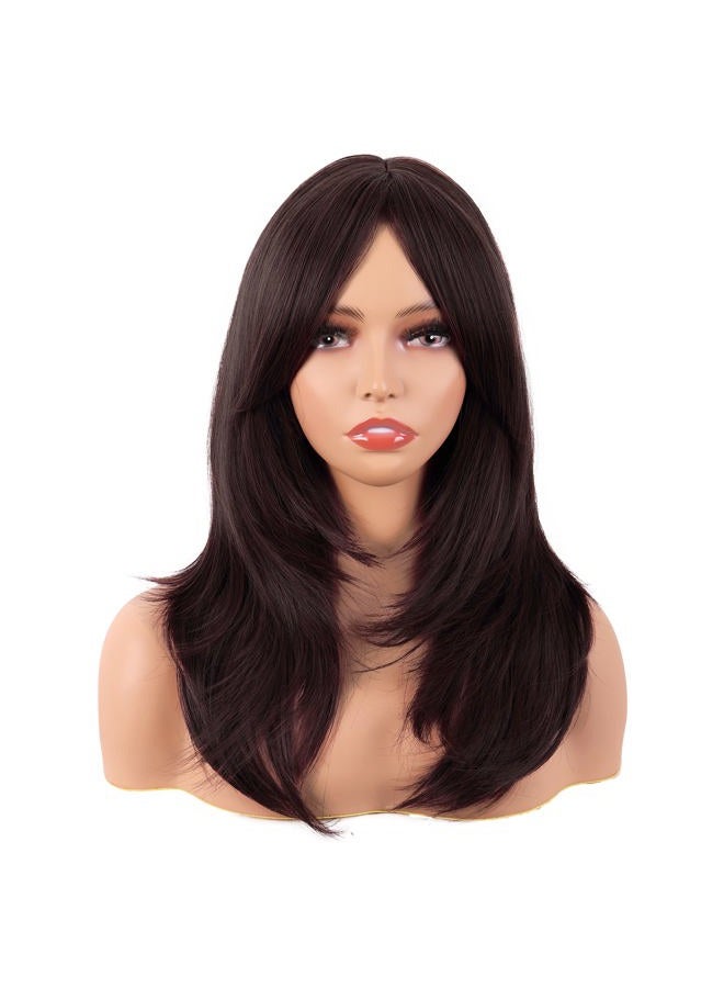 MapofBeauty 20 Inch/50 cm Long Layered With Bangs Straight Synthetic fiber Shoulder Length Hair for Daily Use or Party Wig (Dark Brown) - Image 1