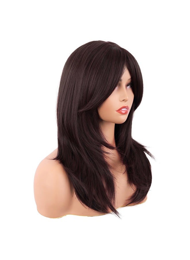 MapofBeauty 20 Inch/50 cm Long Layered With Bangs Straight Synthetic fiber Shoulder Length Hair for Daily Use or Party Wig (Dark Brown) - Image 2
