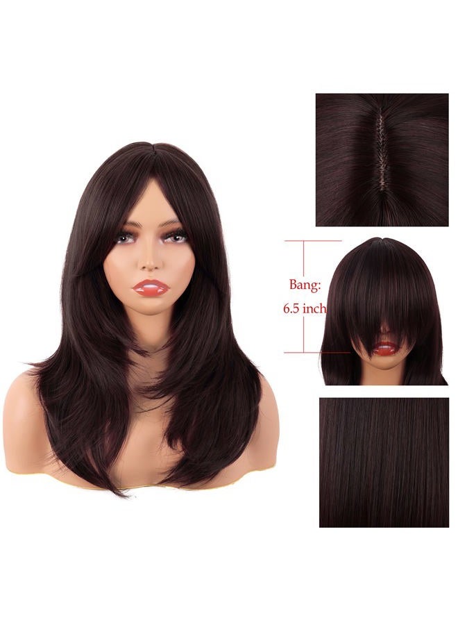 MapofBeauty 20 Inch/50 cm Long Layered With Bangs Straight Synthetic fiber Shoulder Length Hair for Daily Use or Party Wig (Dark Brown) - Image 5