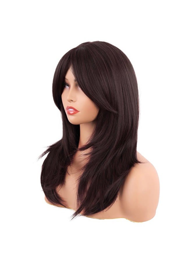 MapofBeauty 20 Inch/50 cm Long Layered With Bangs Straight Synthetic fiber Shoulder Length Hair for Daily Use or Party Wig (Dark Brown) - Image 3