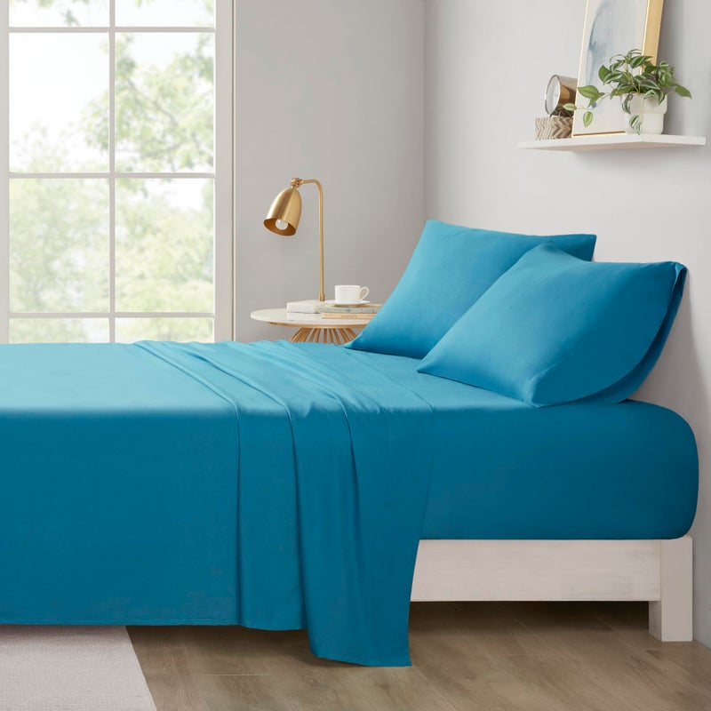 Intelligent Design Microfiber Bed Sheet Set Wrinkle Resistant Soft Sheets with 12 Pocket Modern All Season Cozy BeddingSet Matching Pillow Case King Teal 4 Piece Model ID201084