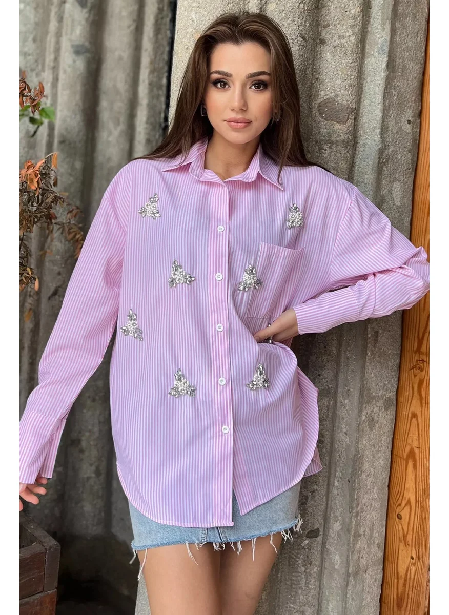 Gülseli Rose Flower Embroidered Striped Patterned Women's Shirt