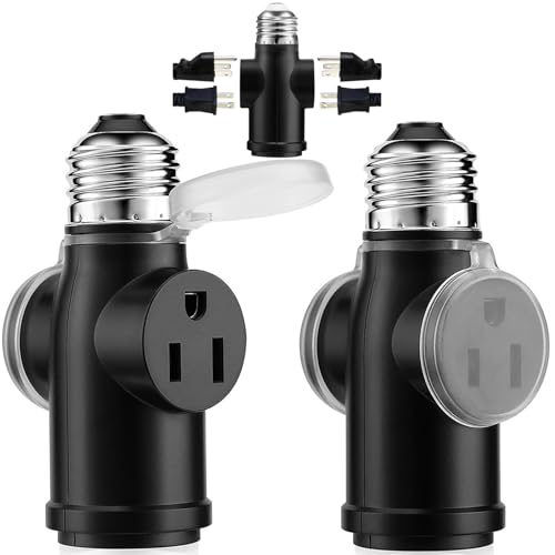 Onite 2-Pack Light Socket Outlet Adapter – Convert E26 Socket to 3-Prong Plug Outlet with Bulb Socket Kept, Dust-Proof Cover, Flame Retardant PBT, Indoor & Outdoor Use, Black - Image 1