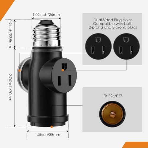 Onite 2-Pack Light Socket Outlet Adapter – Convert E26 Socket to 3-Prong Plug Outlet with Bulb Socket Kept, Dust-Proof Cover, Flame Retardant PBT, Indoor & Outdoor Use, Black - Image 3