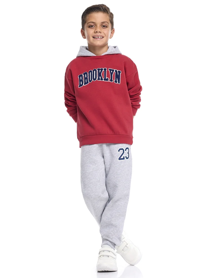 victor and jane Boys Brooklyn Hoodie Fleece Tracksuit - Maroon &amp; Grey