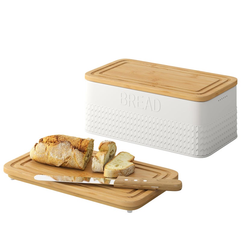 kiplant Bread Box for Kitchen Countertop, Large Bread Storage Container with Bamboo Lid, Iron Farmhouse Bread Box for Your House, White - Image 1