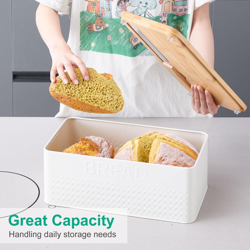 kiplant Bread Box for Kitchen Countertop, Large Bread Storage Container with Bamboo Lid, Iron Farmhouse Bread Box for Your House, White - Image 2