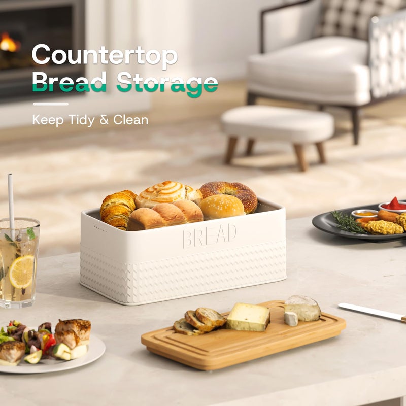 kiplant Bread Box for Kitchen Countertop, Large Bread Storage Container with Bamboo Lid, Iron Farmhouse Bread Box for Your House, White - Image 5