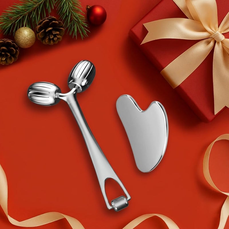 Yeamon مجموعة أدوات يامون غوا شا للوجه ورولر الوجه، أداة تدليك الوجه لروتين العناية بالبشرة للنساء، رولر عيون من الفولاذ المقاوم للصدأ لتشكيل الوجه، للاستخدام اليومي أو هدية للعناية الذاتية للنساء - Image 2