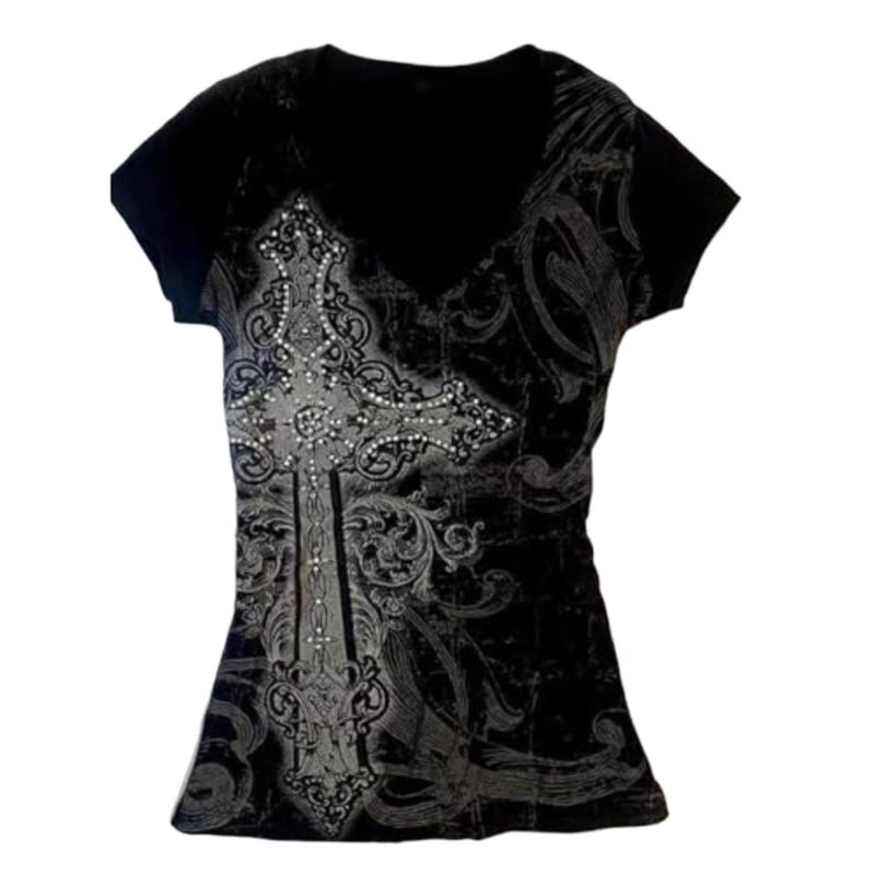 MANGMAO Grunge Shirts 2000s Clothing Women Vintage Graphic Tees Y2k Short Sleeve Goth Tops Teens Emo Clothes Streetwear (Black Silver,Small) - Image 1