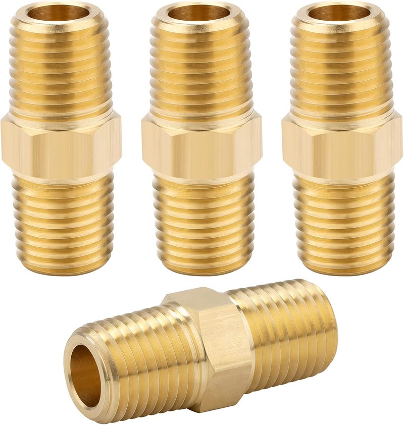 KOOTANS 1/4 NPT x 1/4 NPT Male Solid Brass Hex Nipples, Heavy Brass Pipe Adapter Fittings Equal Nipples Connectors 4Pieces - Image 1