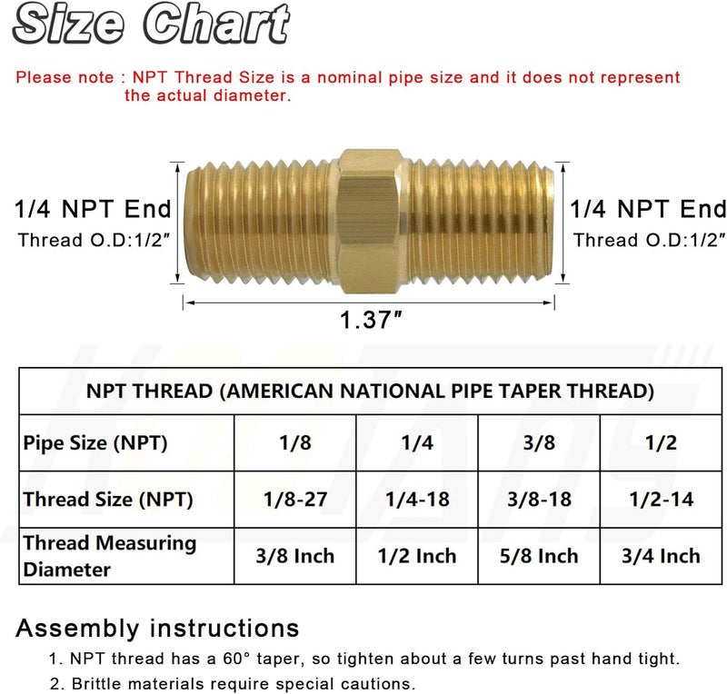 KOOTANS 1/4 NPT x 1/4 NPT Male Solid Brass Hex Nipples, Heavy Brass Pipe Adapter Fittings Equal Nipples Connectors 4Pieces - Image 2
