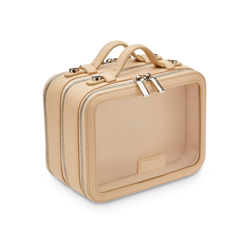 ETOILE Small Twin Cosmetic Case Beige Dual Compartment Cosmetic Beauty Organizer Toiletry Case