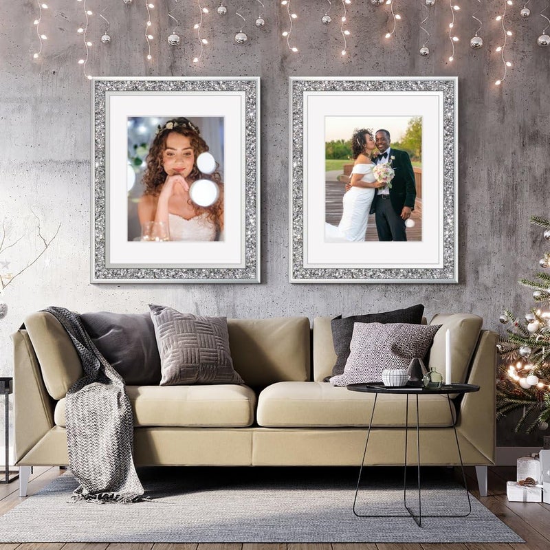 ALLartonly Big Mirror Photo Frame 16x20inch Mat To 11x14inch Crushed Diamond Bling Sparkle Home Decor , 2 Pack Crystal Silver Glass Wedding Picture Poster Wall Frame. - Image 4