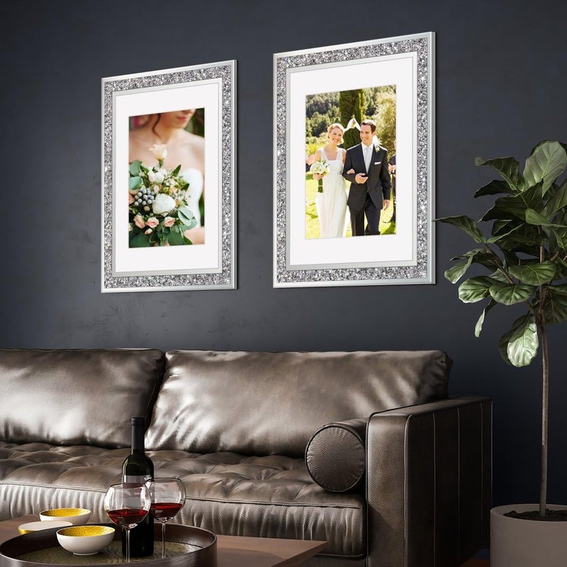 ALLartonly Big Mirror Photo Frame 16x20inch Mat To 11x14inch Crushed Diamond Bling Sparkle Home Decor , 2 Pack Crystal Silver Glass Wedding Picture Poster Wall Frame. - Image 5
