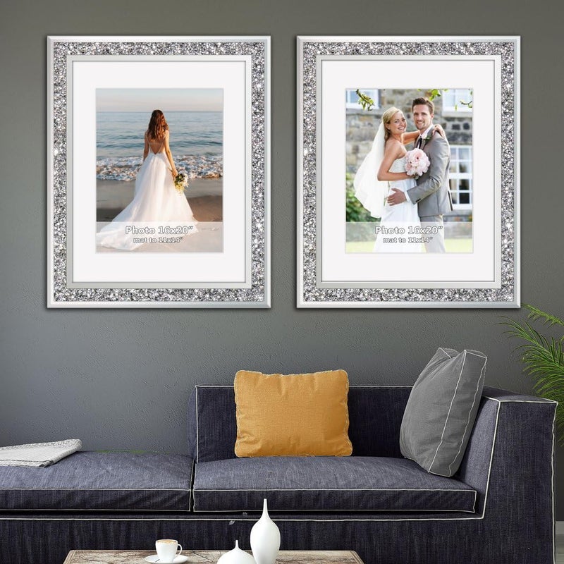 ALLartonly Big Mirror Photo Frame 16x20inch Mat To 11x14inch Crushed Diamond Bling Sparkle Home Decor , 2 Pack Crystal Silver Glass Wedding Picture Poster Wall Frame. - Image 1