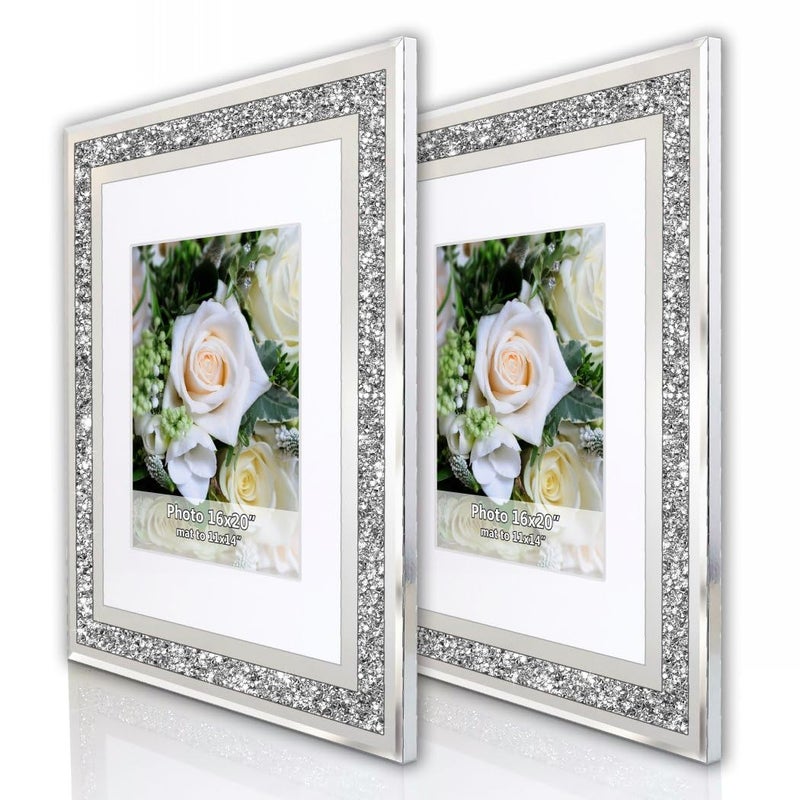 ALLartonly Big Mirror Photo Frame 16x20inch Mat To 11x14inch Crushed Diamond Bling Sparkle Home Decor , 2 Pack Crystal Silver Glass Wedding Picture Poster Wall Frame. - Image 2