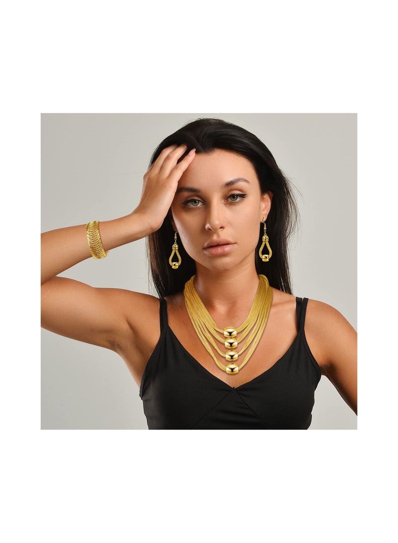 SYOSI 3Pcs Women Bib Necklace Jewellery Set for Women Choker Necklace Stretch Cuff Bracelet Dangle Earrings Costume - Image 4