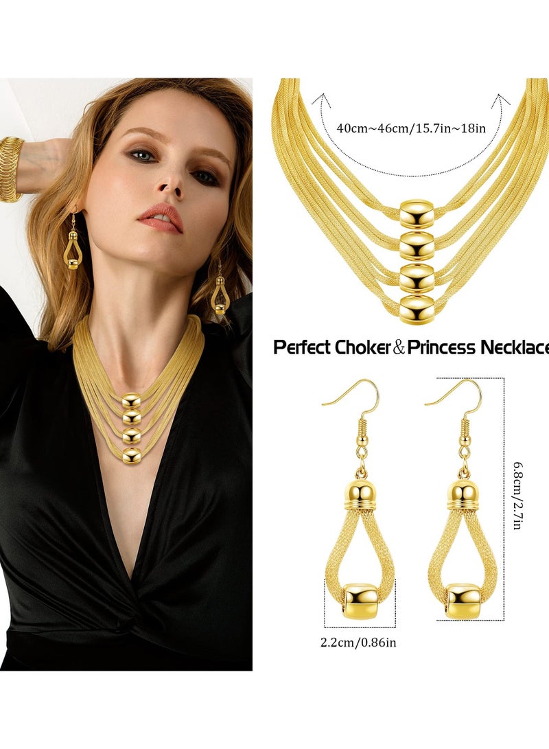 SYOSI 3Pcs Women Bib Necklace Jewellery Set for Women Choker Necklace Stretch Cuff Bracelet Dangle Earrings Costume - Image 2