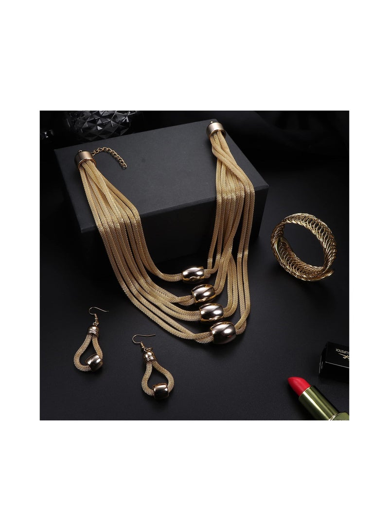 SYOSI 3Pcs Women Bib Necklace Jewellery Set for Women Choker Necklace Stretch Cuff Bracelet Dangle Earrings Costume - Image 5