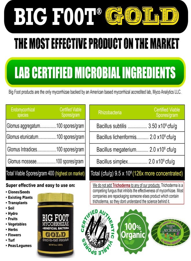 Big Foot Gold Mycorrhizal Fungi - 127 x More Concentrated Than Competition, 950 Million CFU/gram Bacteria, 400 Spores per gram. Treats 1,100 Plants (1 oz) - Image 2