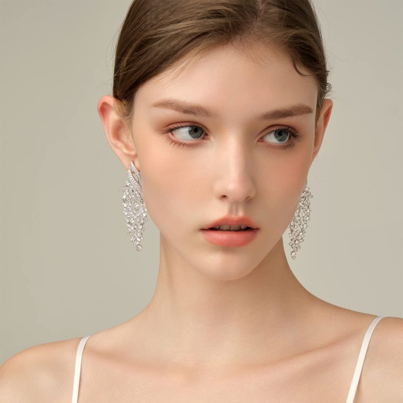 Jucoicu Flower Cubic Zirconia Earrings for Womenï¼ŒDangle Drop Earring (White) - Image 4