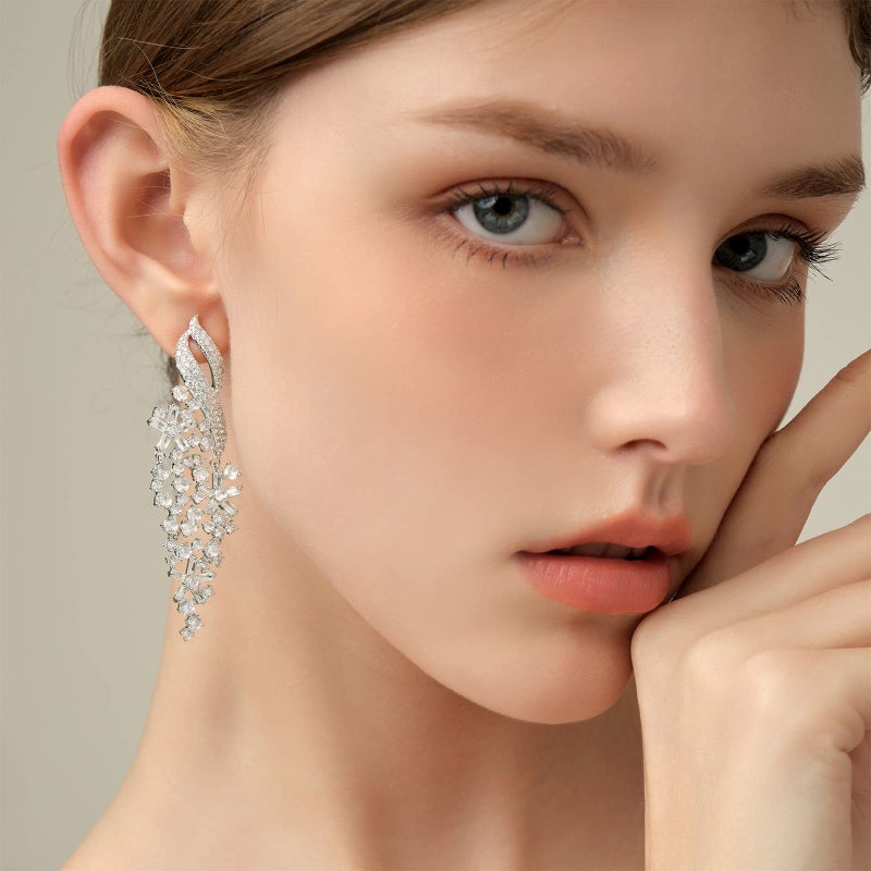 Jucoicu Flower Cubic Zirconia Earrings for Womenï¼ŒDangle Drop Earring (White) - Image 5