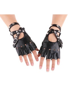 Generic Women Girls Fingerless Gloves ,PU Leather Biker Punk Gloves with Belt Up Closure and Rivet Design（Black）  - Image 1