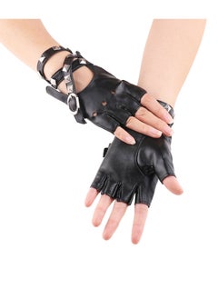 Generic Women Girls Fingerless Gloves ,PU Leather Biker Punk Gloves with Belt Up Closure and Rivet Design（Black）  - Image 3
