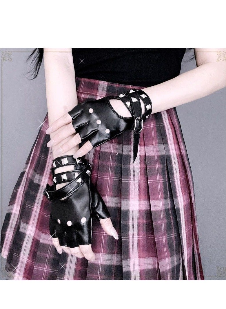 Women Girls Fingerless Gloves ,PU Leather Biker Punk Gloves with Belt Up Closure and Rivet Design（Black）  - Image 4