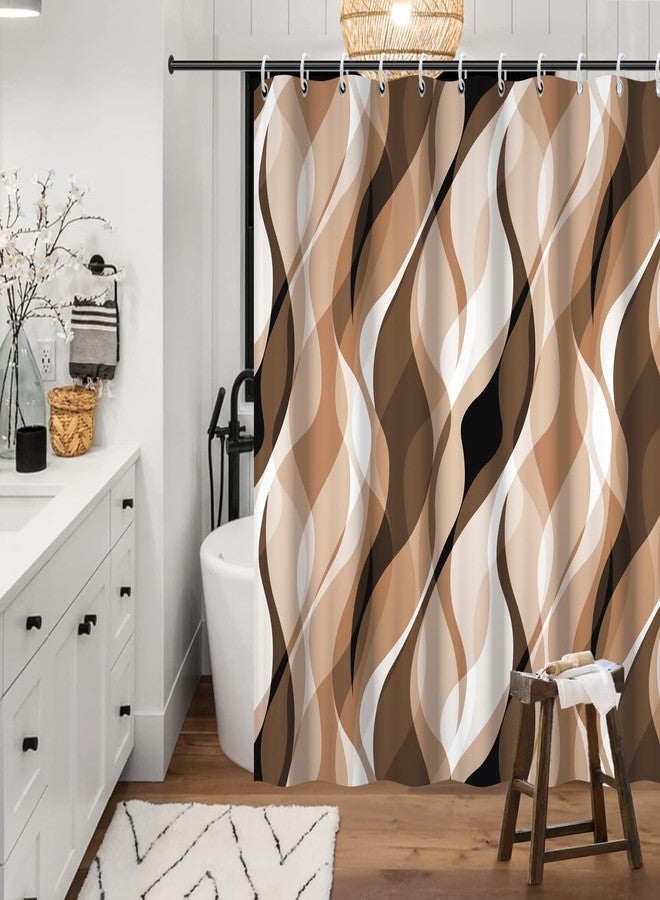 Ruelvth Brown Shower Curtain, Modern Abstract Grey and Brown Striped Shower Curtain Set for Bathroom Waterproof Tan Shower Curtain with Hooks, 72x72 Inch - Image 2