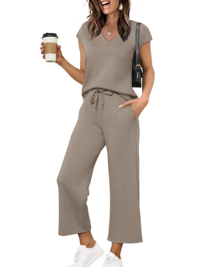 Saloogoe Lounge Sets for Women Summer 2 Piece Outfits Beach Vacation Clothes Trendy Matching Sets Women Clothing Wide Leg Crop Pants Set Travel Sweat Set Brown M - Image 1