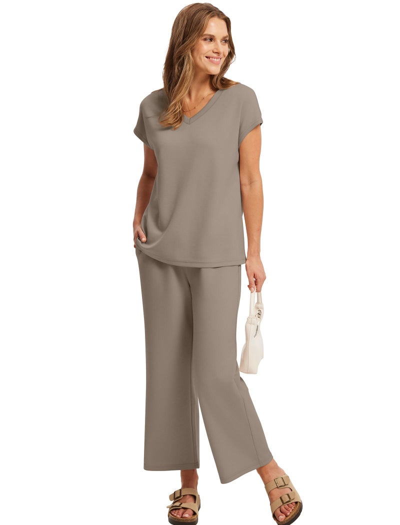 Saloogoe Lounge Sets for Women Summer 2 Piece Outfits Beach Vacation Clothes Trendy Matching Sets Women Clothing Wide Leg Crop Pants Set Travel Sweat Set Brown M - Image 4