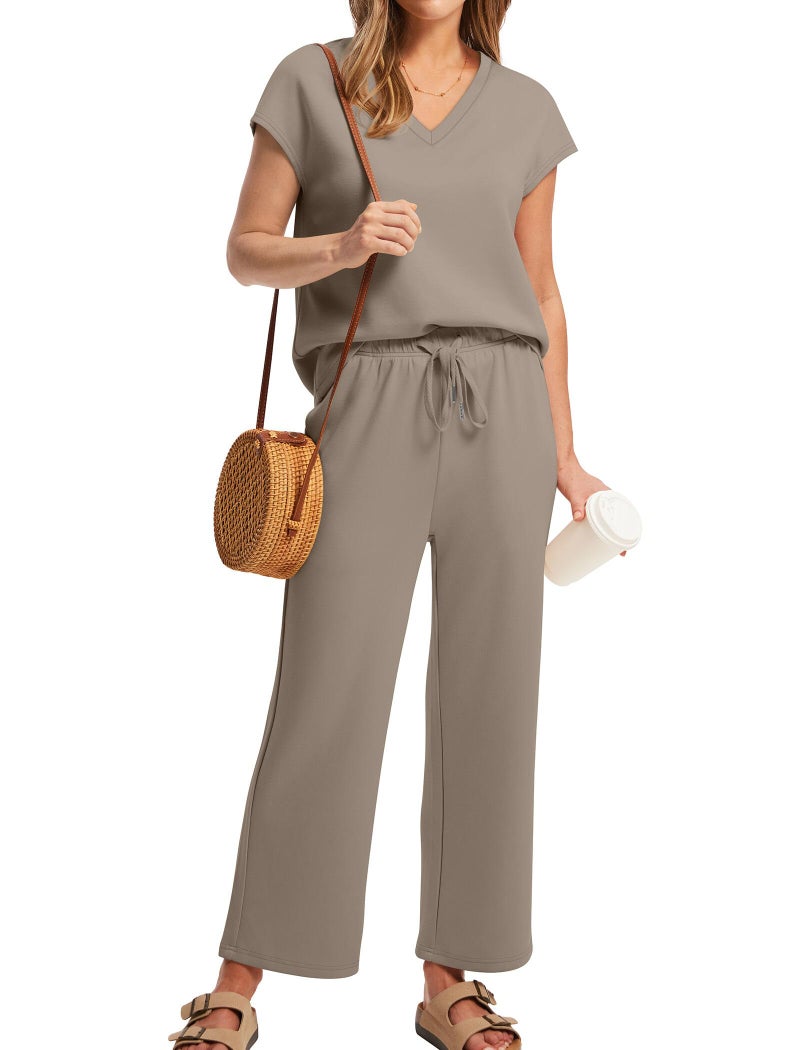 Saloogoe Lounge Sets for Women Summer 2 Piece Outfits Beach Vacation Clothes Trendy Matching Sets Women Clothing Wide Leg Crop Pants Set Travel Sweat Set Brown M - Image 2