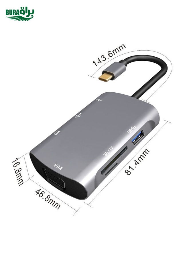 BURAQ - V217E 7 In 1 Type C / USB-C to PD + HDMI + VGA + USB3.0 + UB2.0 + SD / TF Multi-function Type-C / USB-C HUB Docking Station - Image 1