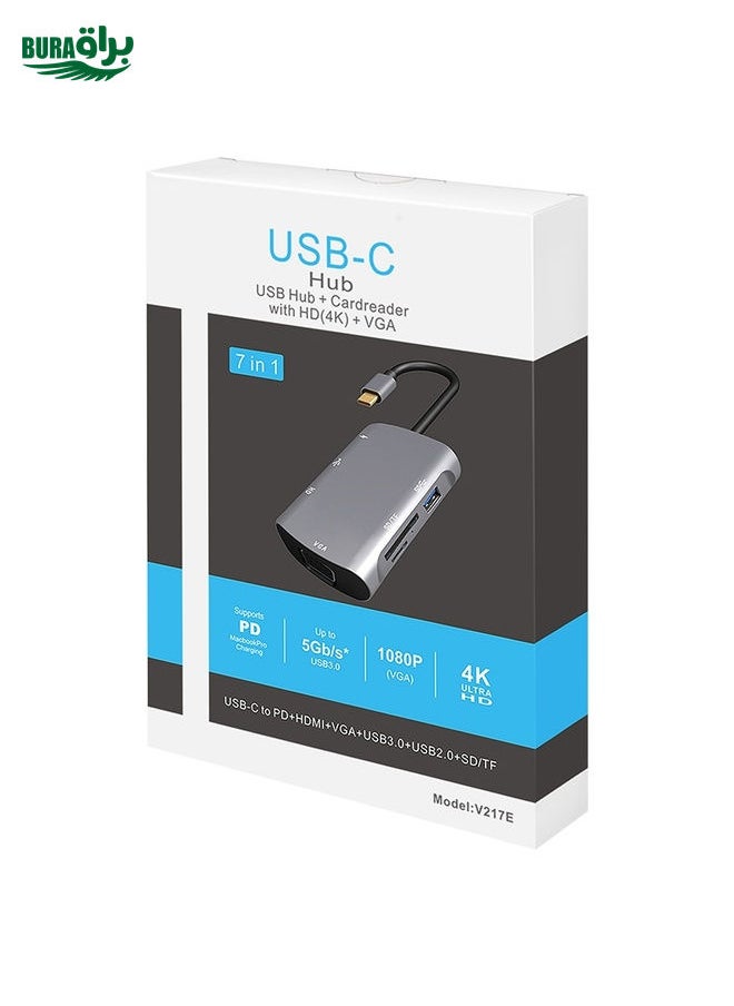 BURAQ - V217E 7 In 1 Type C / USB-C to PD + HDMI + VGA + USB3.0 + UB2.0 + SD / TF Multi-function Type-C / USB-C HUB Docking Station - Image 1