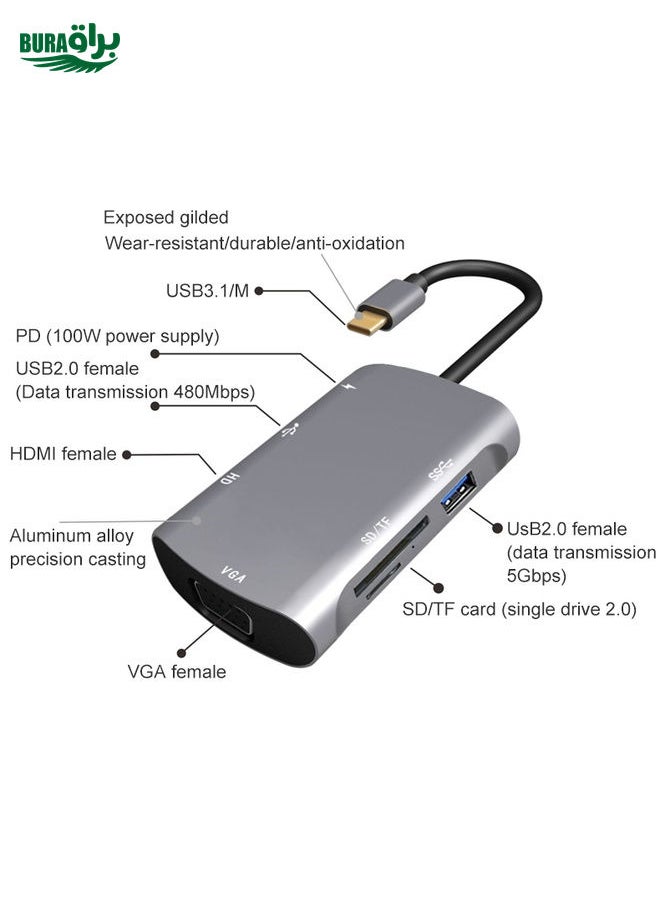 BURAQ - V217E 7 In 1 Type C / USB-C to PD + HDMI + VGA + USB3.0 + UB2.0 + SD / TF Multi-function Type-C / USB-C HUB Docking Station - Image 1