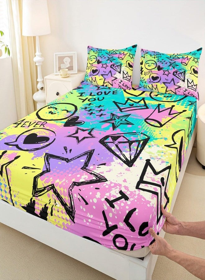 Castle Fairy Smile Face Smile Bed Sheet Set Purple Lilac Star Crown Bedding Set Softest Microfiber Bedclothes Sweet Softest Fitted Sheet Set for Children Kids Teenager Full 3pcs (1 Fitted Sheet & 2 Pillow Case) - Image 1