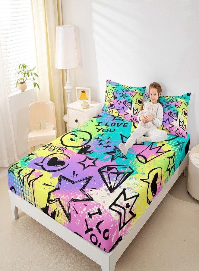 Castle Fairy Smile Face Smile Bed Sheet Set Purple Lilac Star Crown Bedding Set Softest Microfiber Bedclothes Sweet Softest Fitted Sheet Set for Children Kids Teenager Full 3pcs (1 Fitted Sheet & 2 Pillow Case) - Image 2