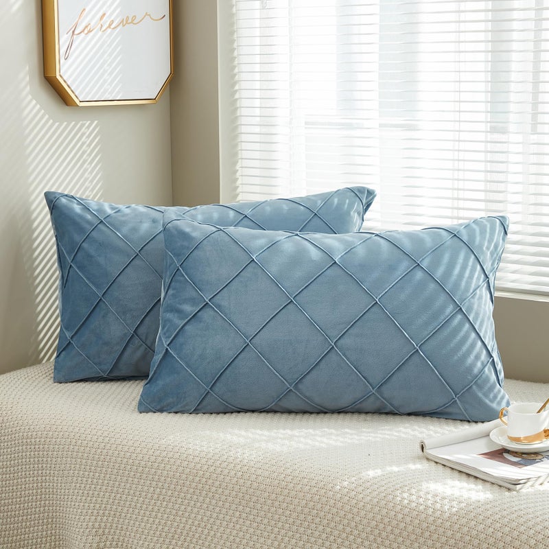 JAUXIO Diamond Pinch Pleated Crystal Velvet Pillowcases 2 Pack Solid Pintuck Throw Cushion Cover for Home Decor Hidden Zipper Closure (Dusty Blue  King) - Image 1