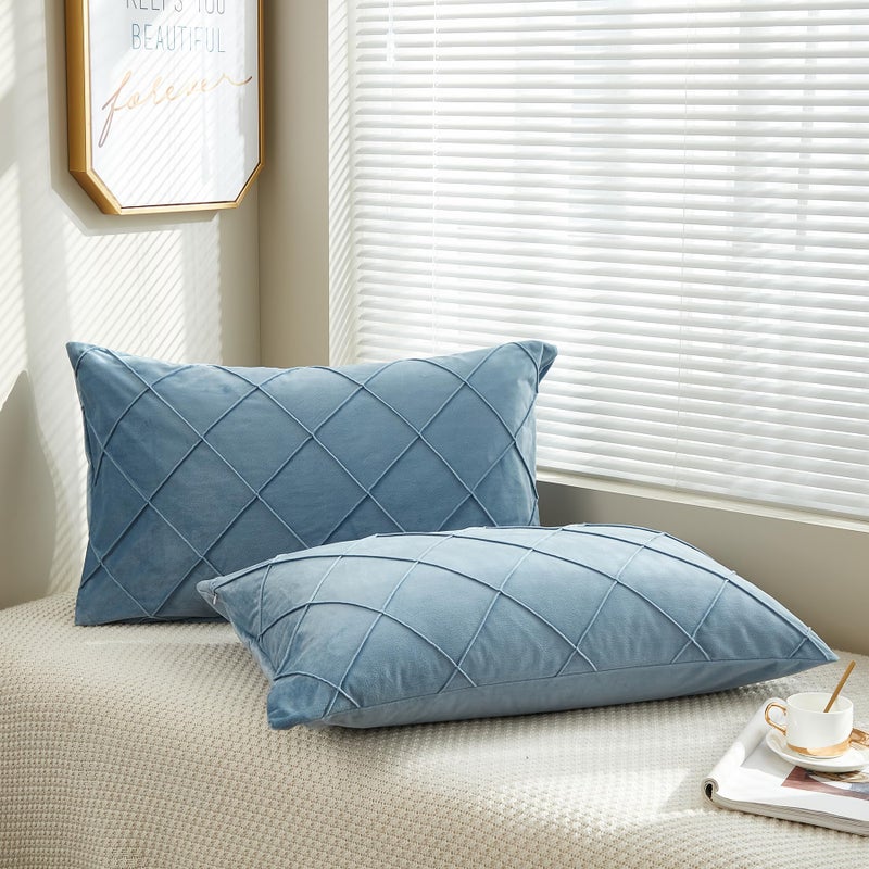JAUXIO Diamond Pinch Pleated Crystal Velvet Pillowcases 2 Pack Solid Pintuck Throw Cushion Cover for Home Decor Hidden Zipper Closure (Dusty Blue  King) - Image 2