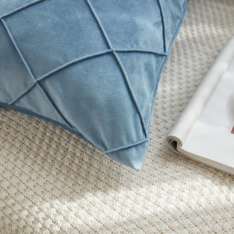 JAUXIO Diamond Pinch Pleated Crystal Velvet Pillowcases 2 Pack Solid Pintuck Throw Cushion Cover for Home Decor Hidden Zipper Closure (Dusty Blue  King) - Image 4