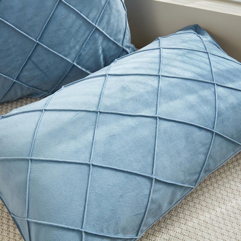 JAUXIO Diamond Pinch Pleated Crystal Velvet Pillowcases 2 Pack Solid Pintuck Throw Cushion Cover for Home Decor Hidden Zipper Closure (Dusty Blue  King) - Image 3