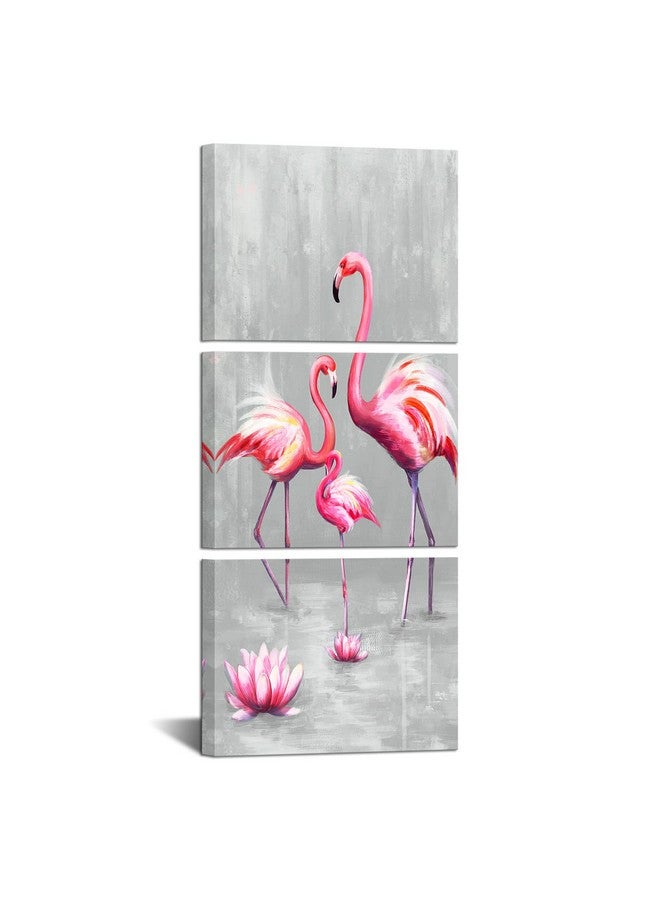 LevvArts LevvArts 3 Panel Animal Canvas Wall Art Pink Flamingo Family with Lotus Flower Painting Picture Animal Love Canvas Prints Pink and gray Artwork Stretched Living Room Bedroom Decor Each Piece 12x16  - Image 1