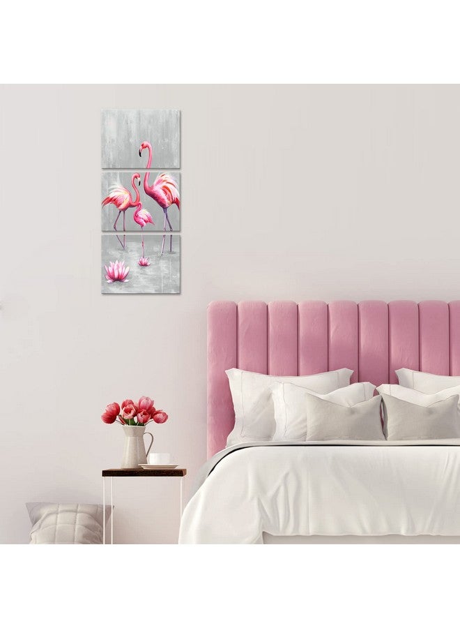 LevvArts LevvArts 3 Panel Animal Canvas Wall Art Pink Flamingo Family with Lotus Flower Painting Picture Animal Love Canvas Prints Pink and gray Artwork Stretched Living Room Bedroom Decor Each Piece 12x16  - Image 3